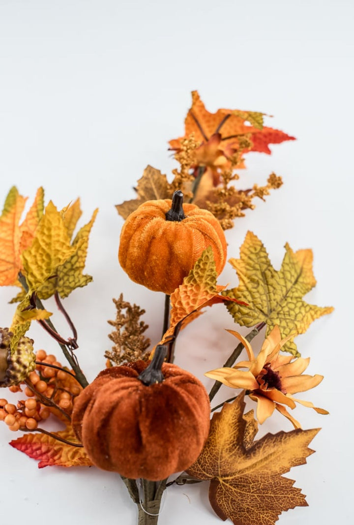 Velvet pumpkins and leaves pick - Greenery MarketArtificial Flora64198