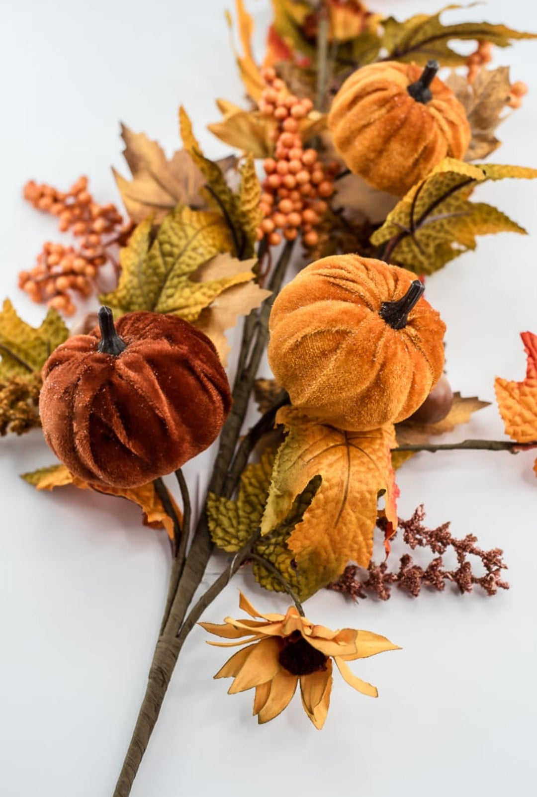 Velvet pumpkins and leaves spray - Greenery MarketArtificial Flora64196