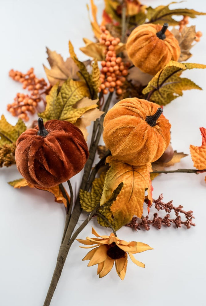 Velvet pumpkins and leaves spray - Greenery MarketArtificial Flora64196