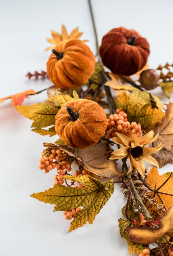 Velvet pumpkins and leaves spray - Greenery MarketArtificial Flora64196