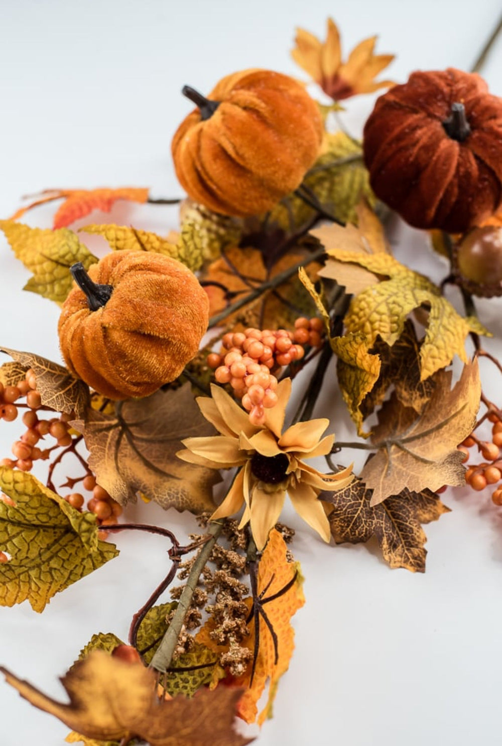 Velvet pumpkins and leaves spray - Greenery MarketArtificial Flora64196