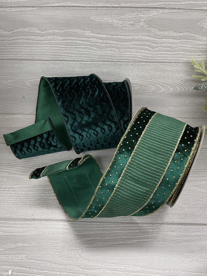 Velvet with dupion back - hunter green - 4” - Greenery Marketwired ribbonMTX67841