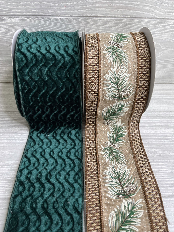 Velvet with dupion back - hunter green - 4” - Greenery Marketwired ribbonMTX67841
