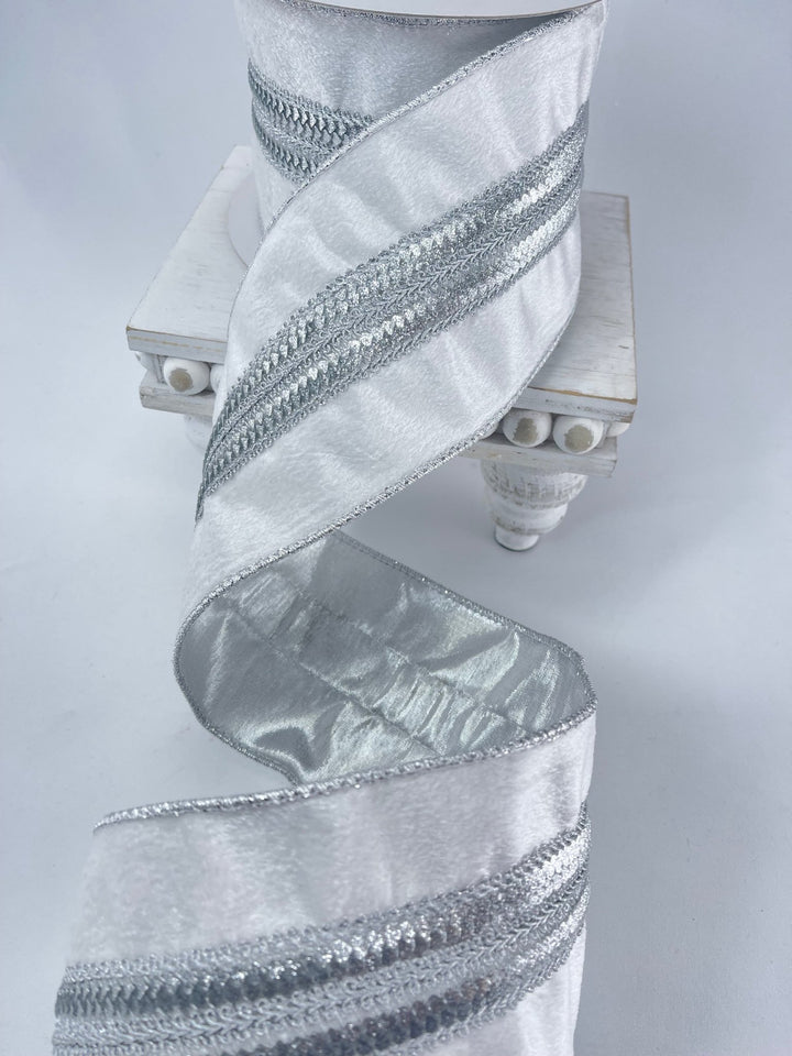 White velvet with silver trim 4” wired ribbon - Greenery MarketRibbons & TrimMTX71576