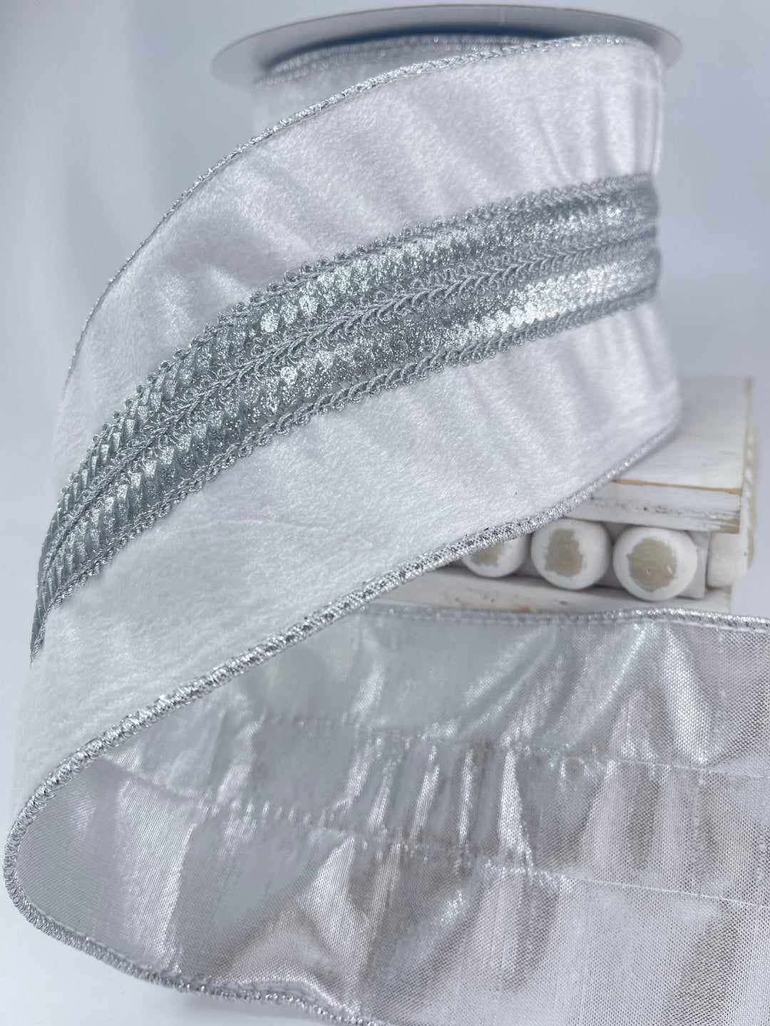 White velvet with silver trim 4” wired ribbon - Greenery MarketRibbons & TrimMTX71576