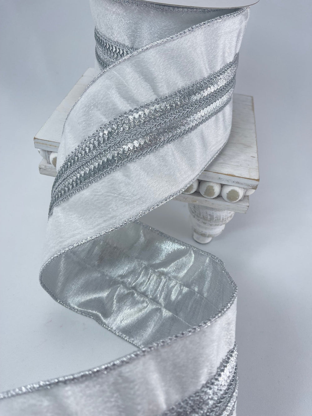 White velvet with silver trim 4” wired ribbon - Greenery MarketRibbons & TrimMTX71576