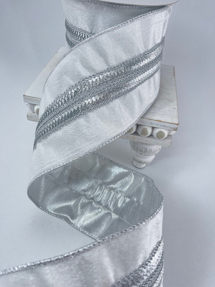 White velvet with silver trim 4” wired ribbon - Greenery MarketRibbons & TrimMTX71576