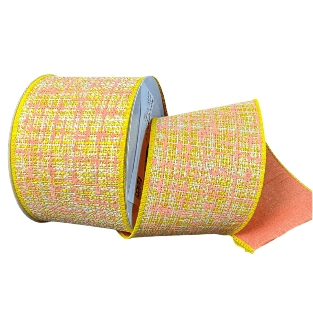 Yellow and Peach Double Sided Tweed Wired Ribbon, 2.5” - Greenery Marketwired ribbonD42511 - 40 - 23
