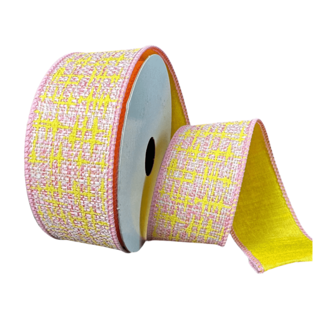 Yellow and Pink Double Sided Tweed Wired Ribbon, 1.5” - Greenery Marketwired ribbonD42511 - 09 - 49