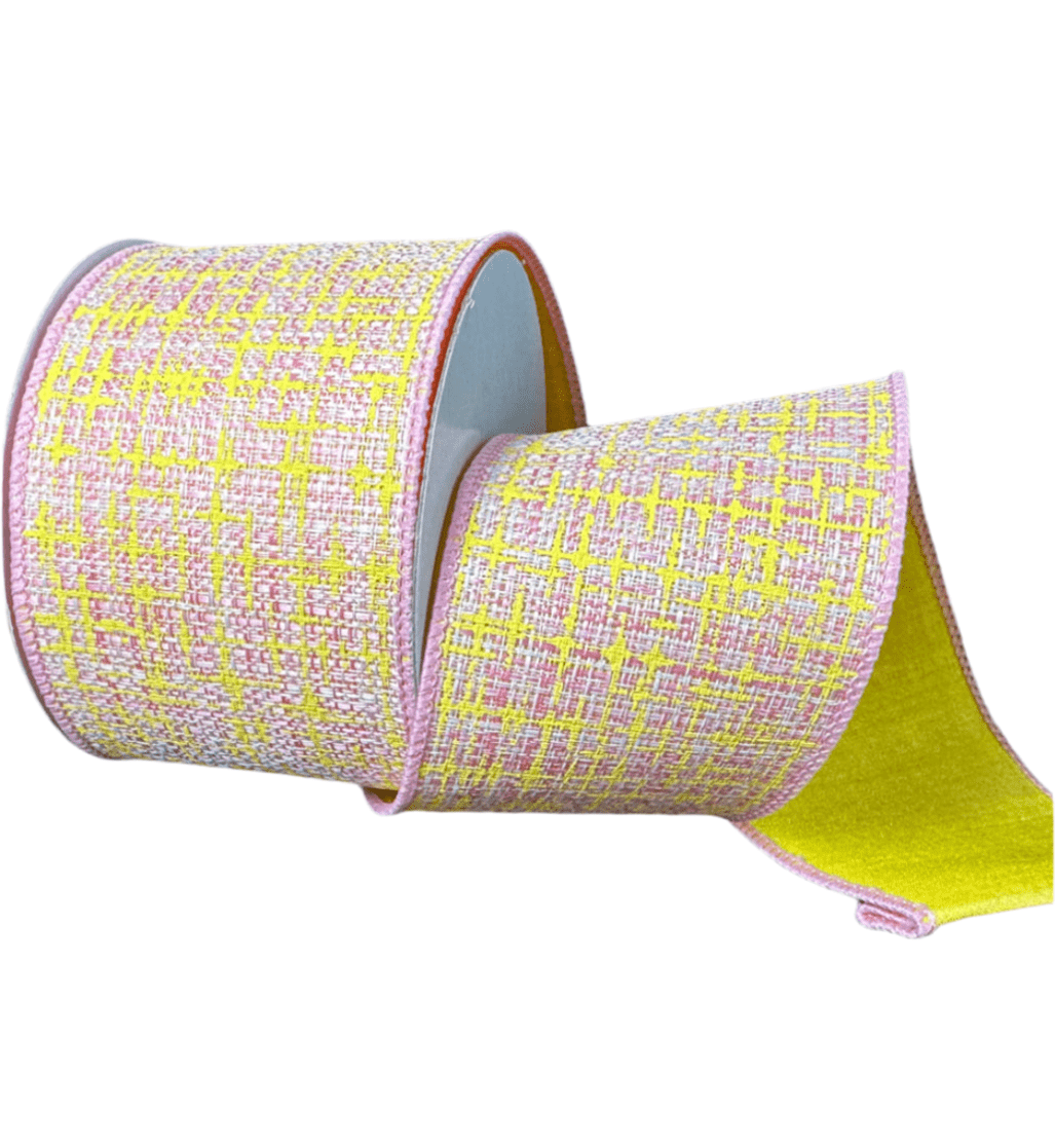 Yellow and Pink Double Sided Tweed Wired Ribbon, 2.5” - Greenery Marketwired ribbonD42511 - 40 - 49