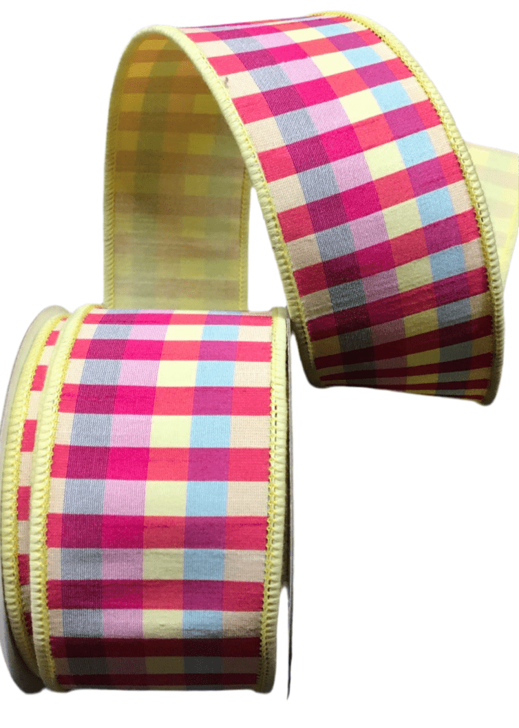 Yellow Multicolored Check Dupion Ribbon 2.5” - Greenery Market249719