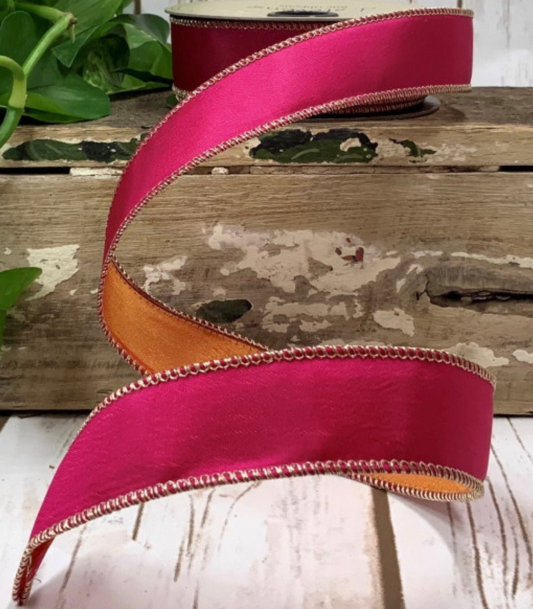 1” Taffeta double sided pink / orange wired ribbon - Greenery Market09-3917