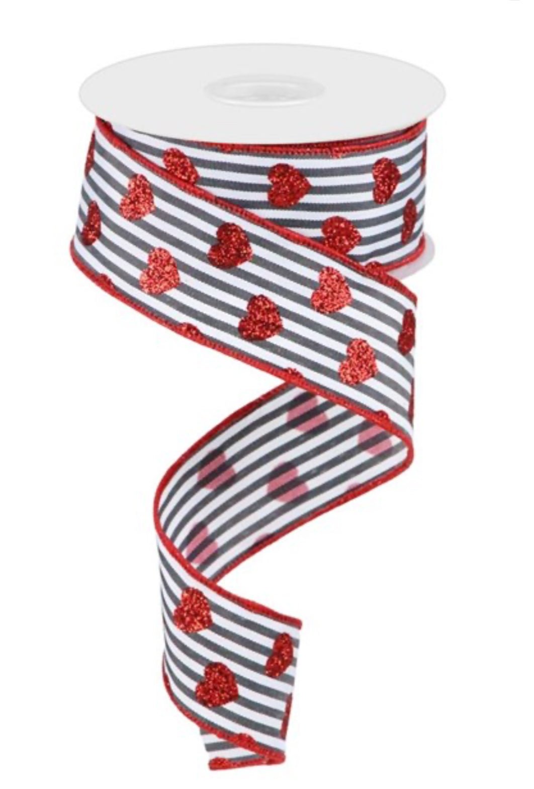 Blavk white and white shimmering hearts stripe wired ribbon - 1.5” - Greenery MarketWired ribbonRga1799x6