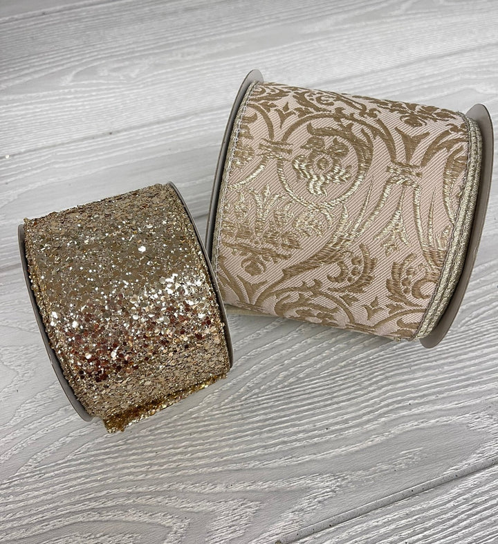 Champagne glittered wired ribbon 2.5” - Greenery MarketRibbons & Trim180225