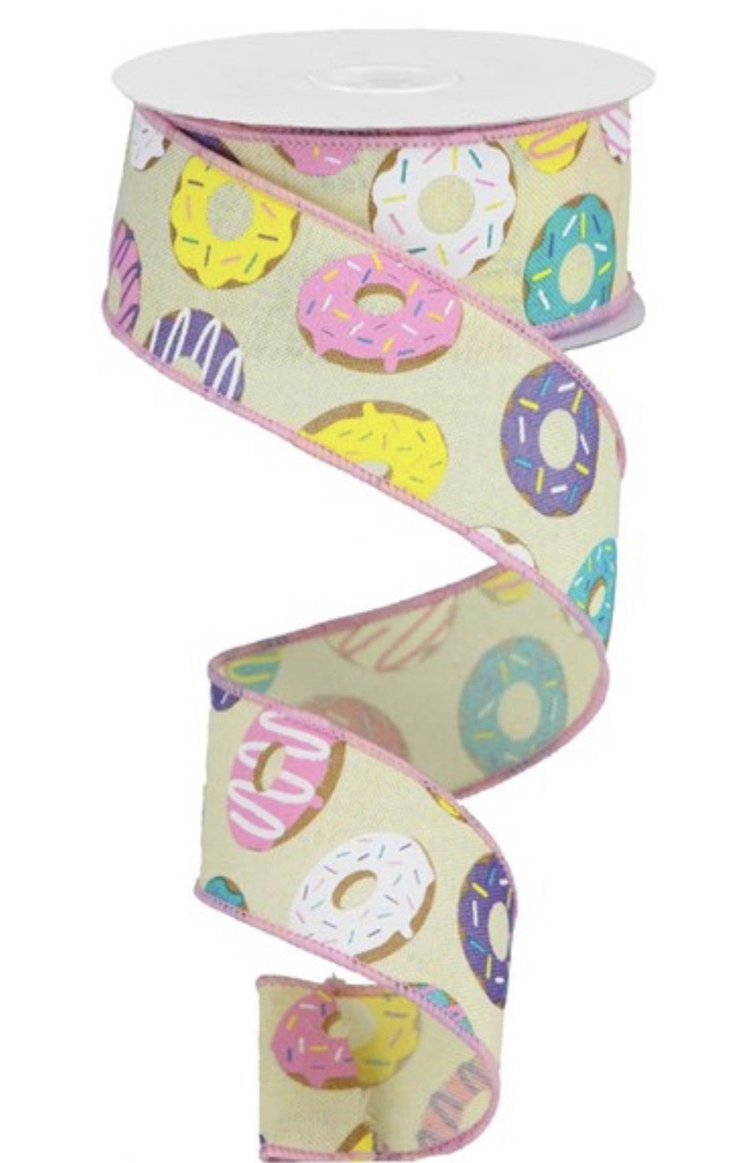Donut ribbon, pink and purple ribbon, 1.5" pale yellow background - Greenery Market Wired ribbon