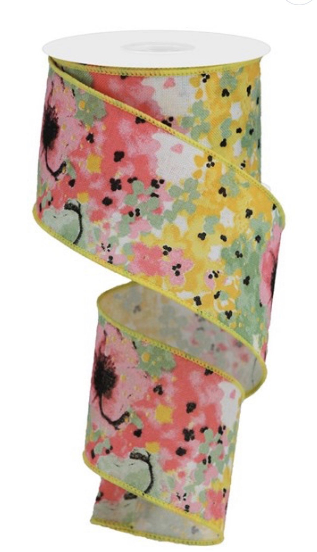 flower ribbon, pink and yellow watercolor floral ribbon, 2.5" wired - Greenery MarketWired ribbonRGA1605XK