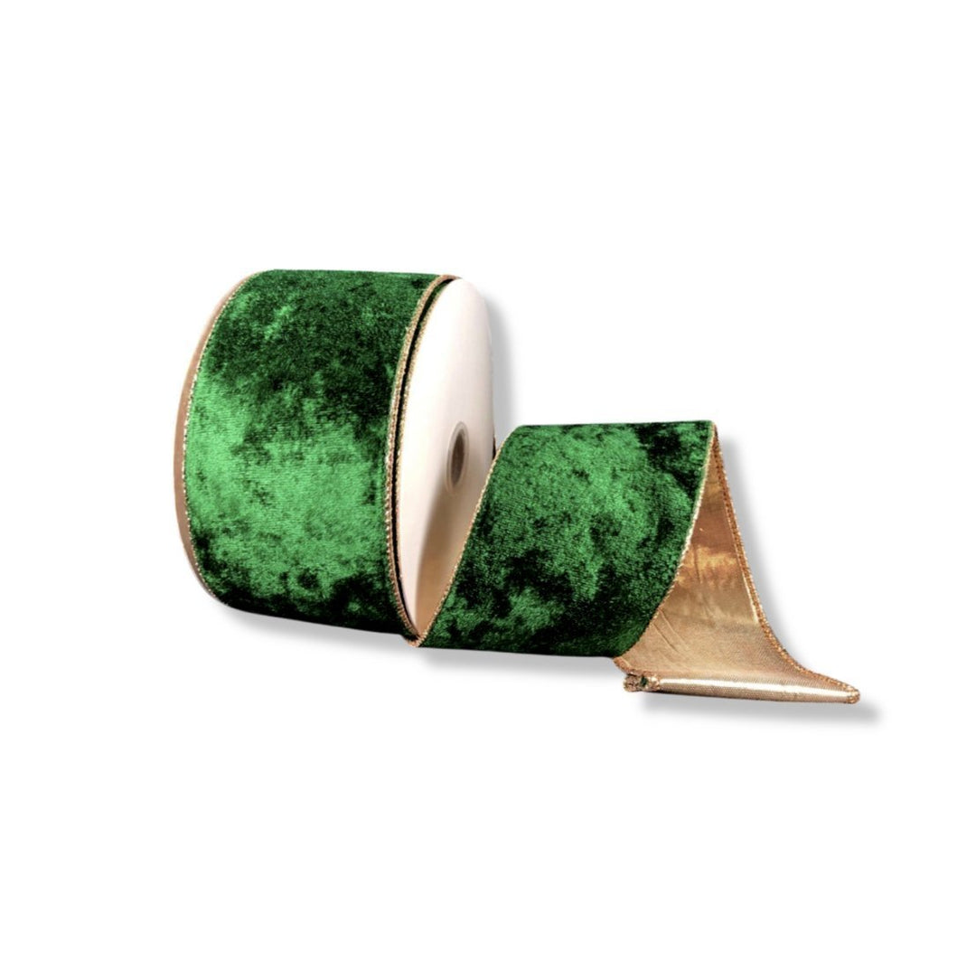 Green velvet with gold back wired ribbon, 2.5" - Greenery MarketWired ribbonX962340-07