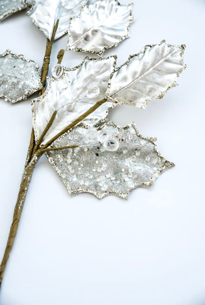 Holly metallic and beads branch spray - platinum - Greenery MarketXG901-PT
