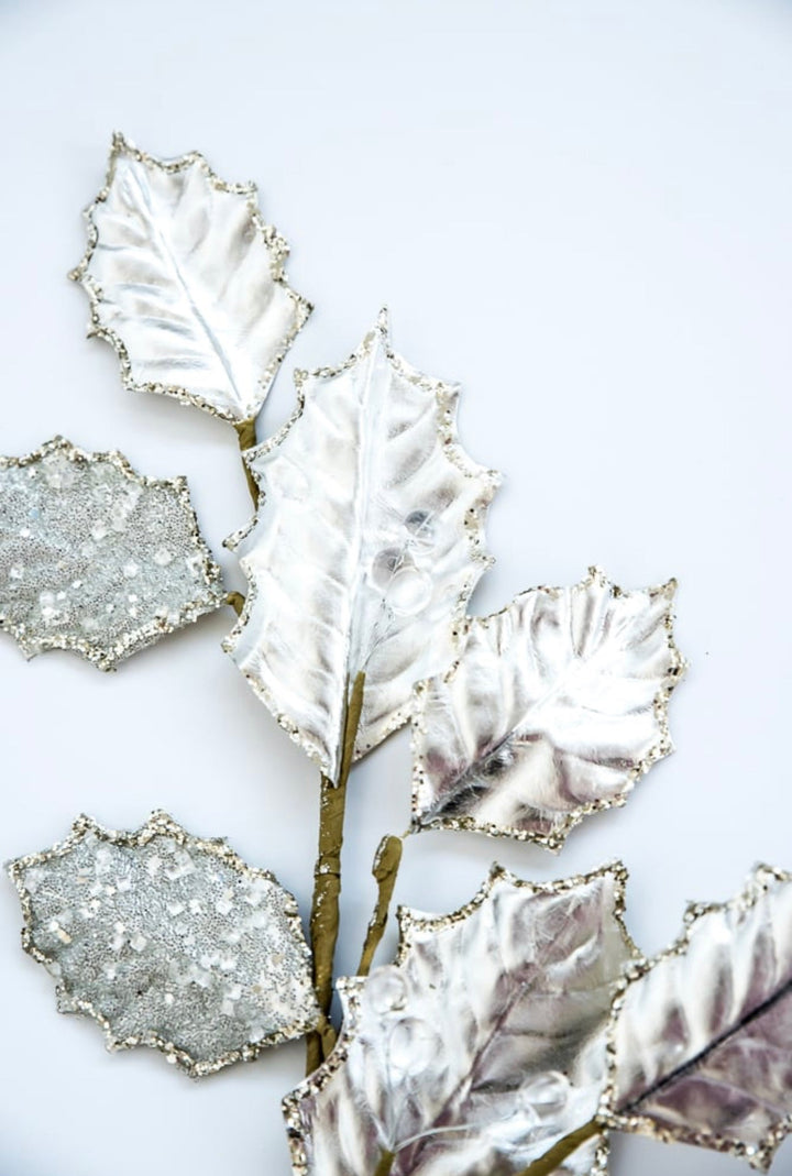 Holly metallic and beads branch spray - platinum - Greenery MarketXG901-PT