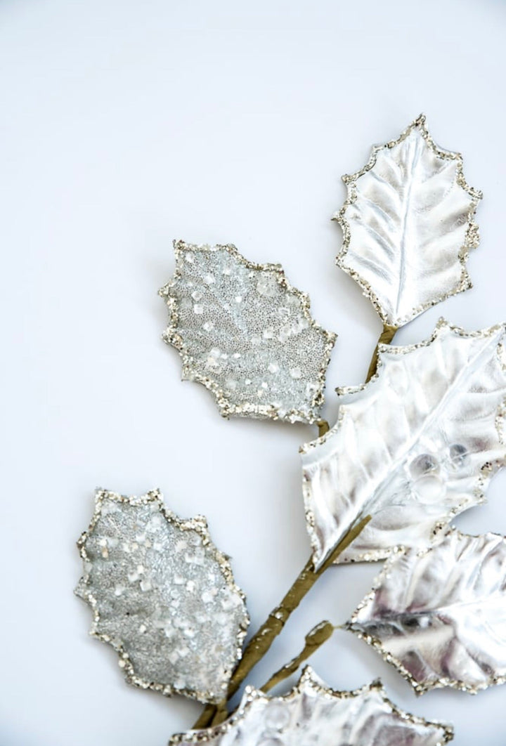 Holly metallic and beads branch spray - platinum - Greenery MarketXG901-PT