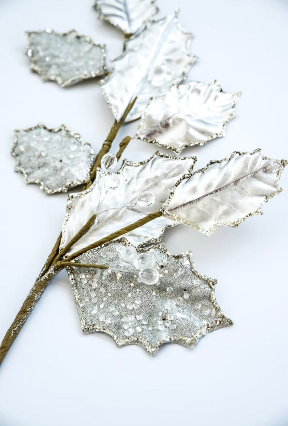 Holly metallic and beads branch spray - platinum - Greenery MarketXG901-PT