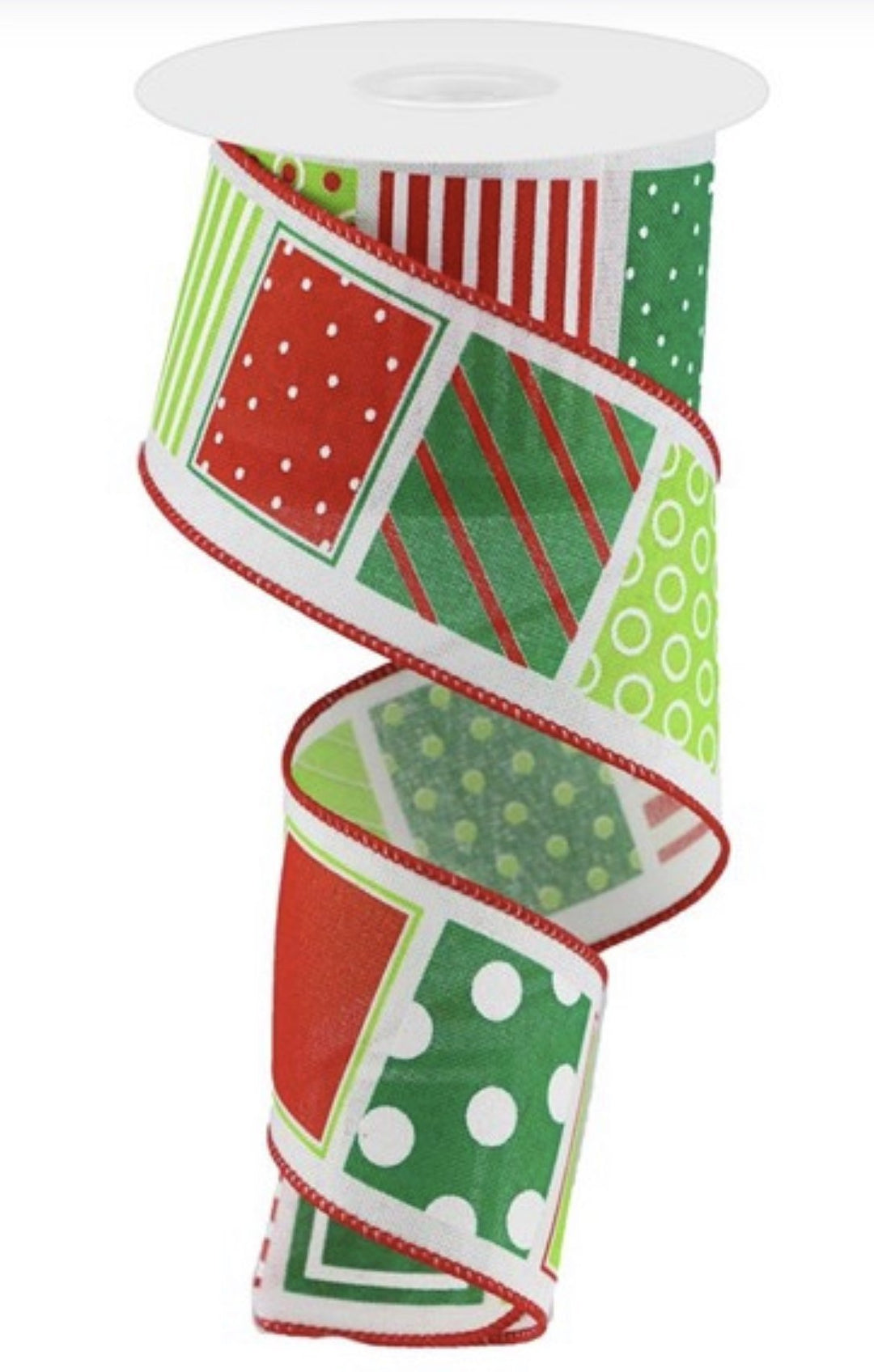 Lime green, emerald and red block pattern 2.5” wired ribbon - Greenery Market Wired ribbon