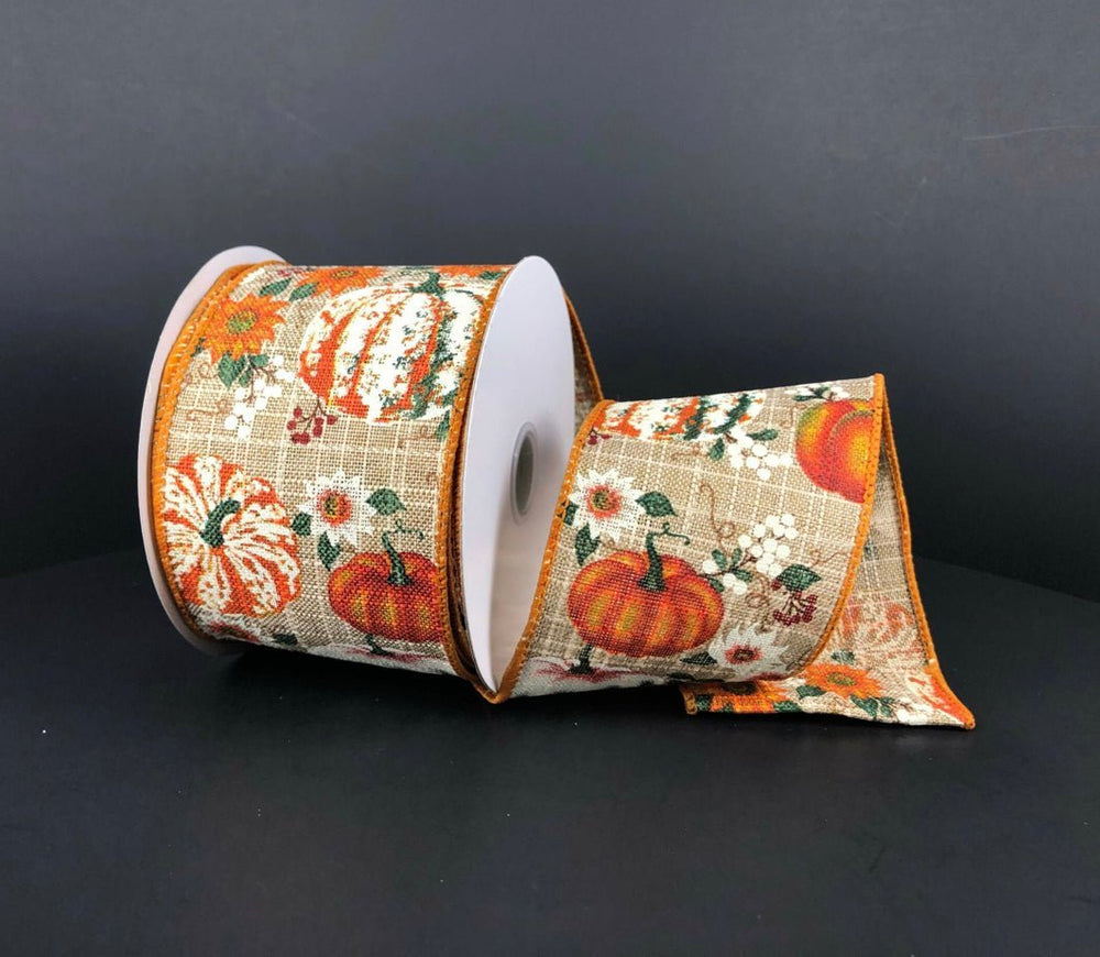 Pumpkins on natural 2.5” wired ribbon - Greenery MarketWired ribbon61209-40-31