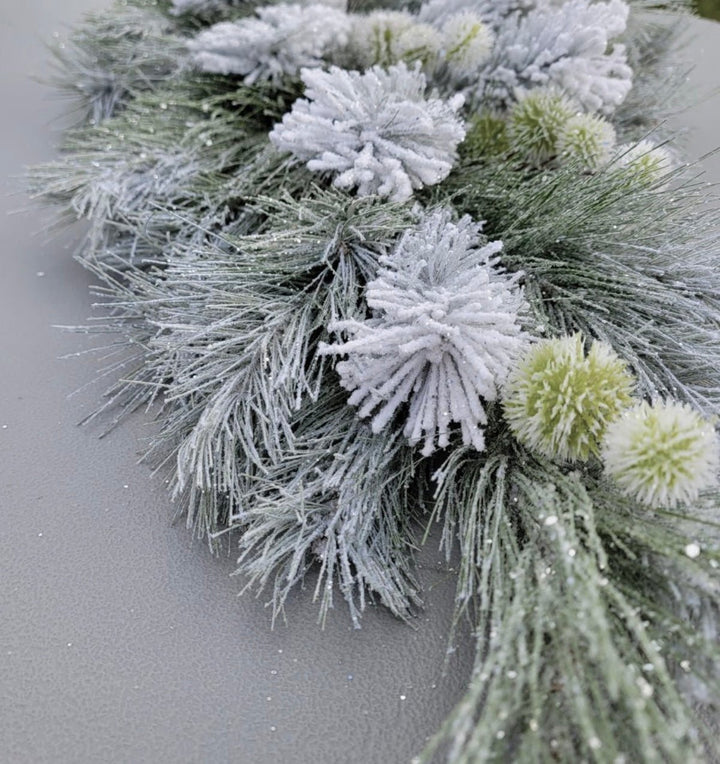 Shimmering, pompom flocked swag with snowy thistle 29” - Greenery Market26046