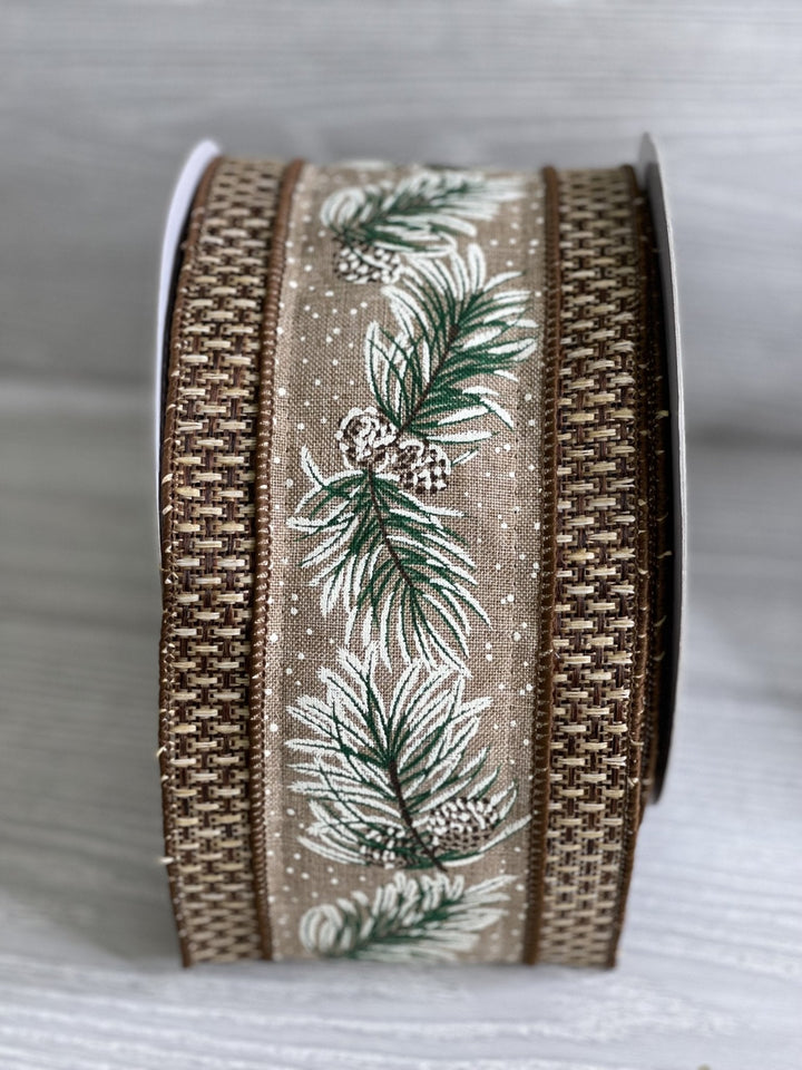 Tweed edge pine branch with pinecones ribbon - 4” - Greenery Marketwired ribbonMTX67879