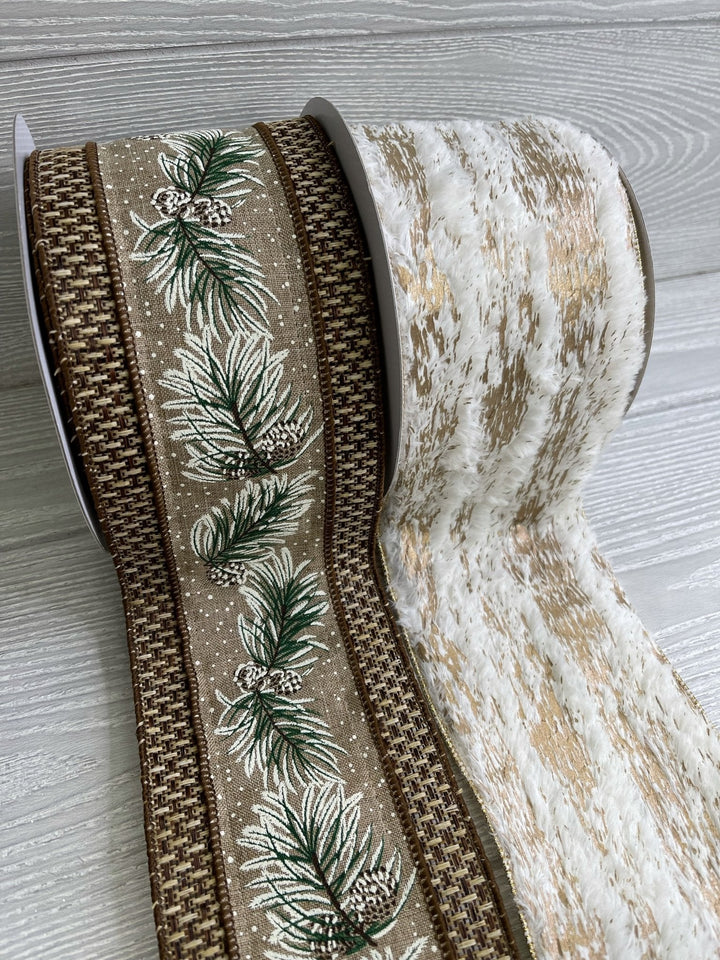 Tweed edge pine branch with pinecones ribbon - 4” - Greenery Marketwired ribbonMTX67879