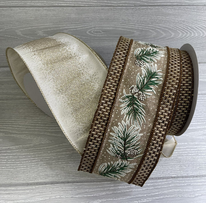 Tweed edge pine branch with pinecones ribbon - 4” - Greenery Marketwired ribbonMTX67879
