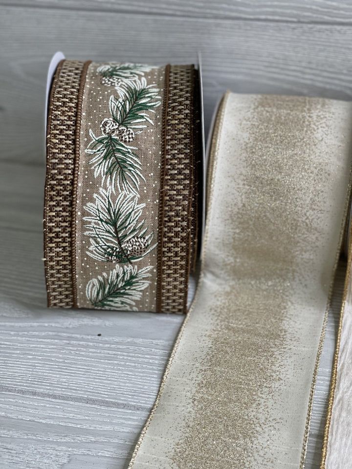 Tweed edge pine branch with pinecones ribbon - 4” - Greenery Marketwired ribbonMTX67879