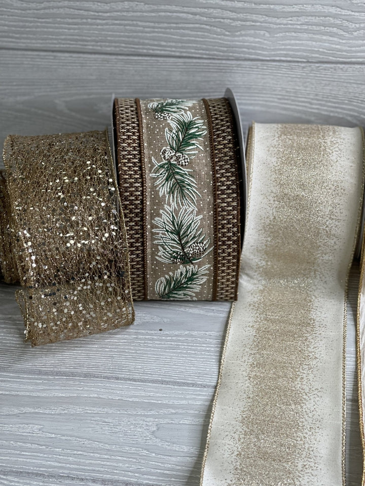 Tweed edge pine branch with pinecones ribbon - 4” - Greenery Marketwired ribbonMTX67879