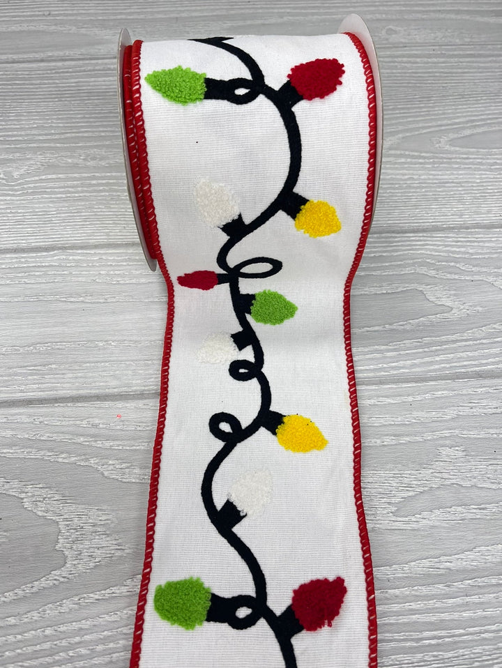 Whimsical Christmas light bulb wired ribbon - 4” - Greenery MarketWired ribbon179884