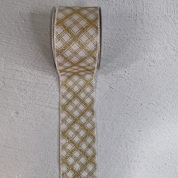 White and gold diamond plaid wired ribbon 2.5” - Greenery MarketRibbons & Trim179247